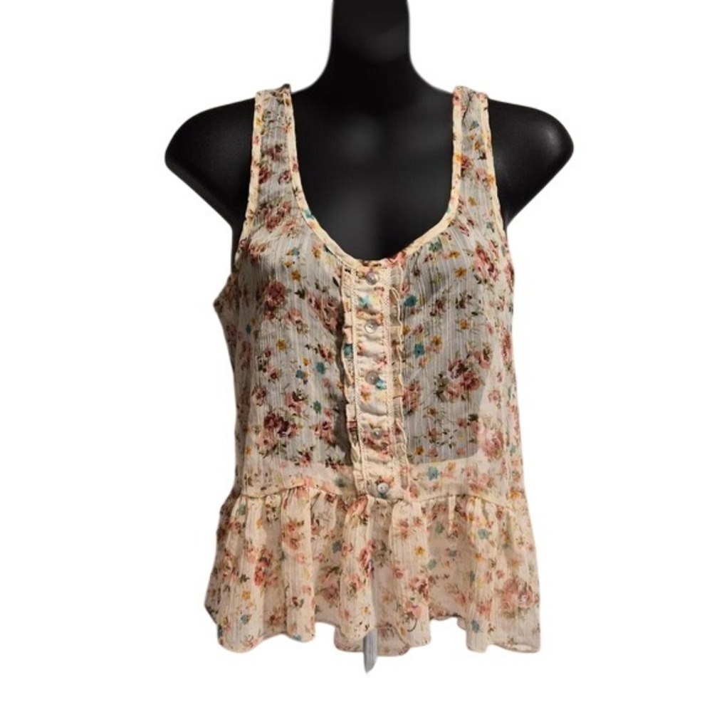 Iris Basic Floral Ruffle Peplum Tank Top Cream Button Front Lace Trim IT1954 M